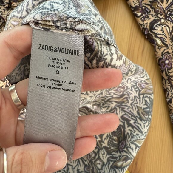 Zadig & Voltaire Tuska Satin Thorn Floral Button Down Shirt Ruffle Retro Boho S - Picture 6 of 8